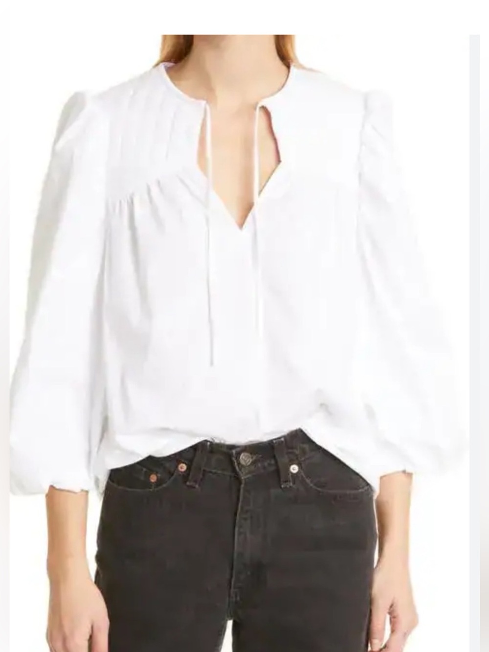 MUNTHE White Quilted Yoke Tie-Neck Puff Sleeve Blouse size 38=8